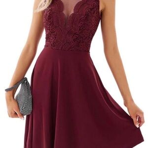 Grace Karin Burgundy Lace V-Neck Midi A-Line Dress
